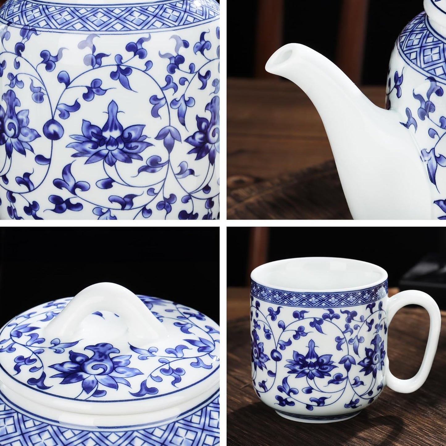 fanquare Chinese Blue and White Porcelain Teapot Set Traditional Kung Fu Tea Sets with 6 Cups for Loose Leaf Tea Adults