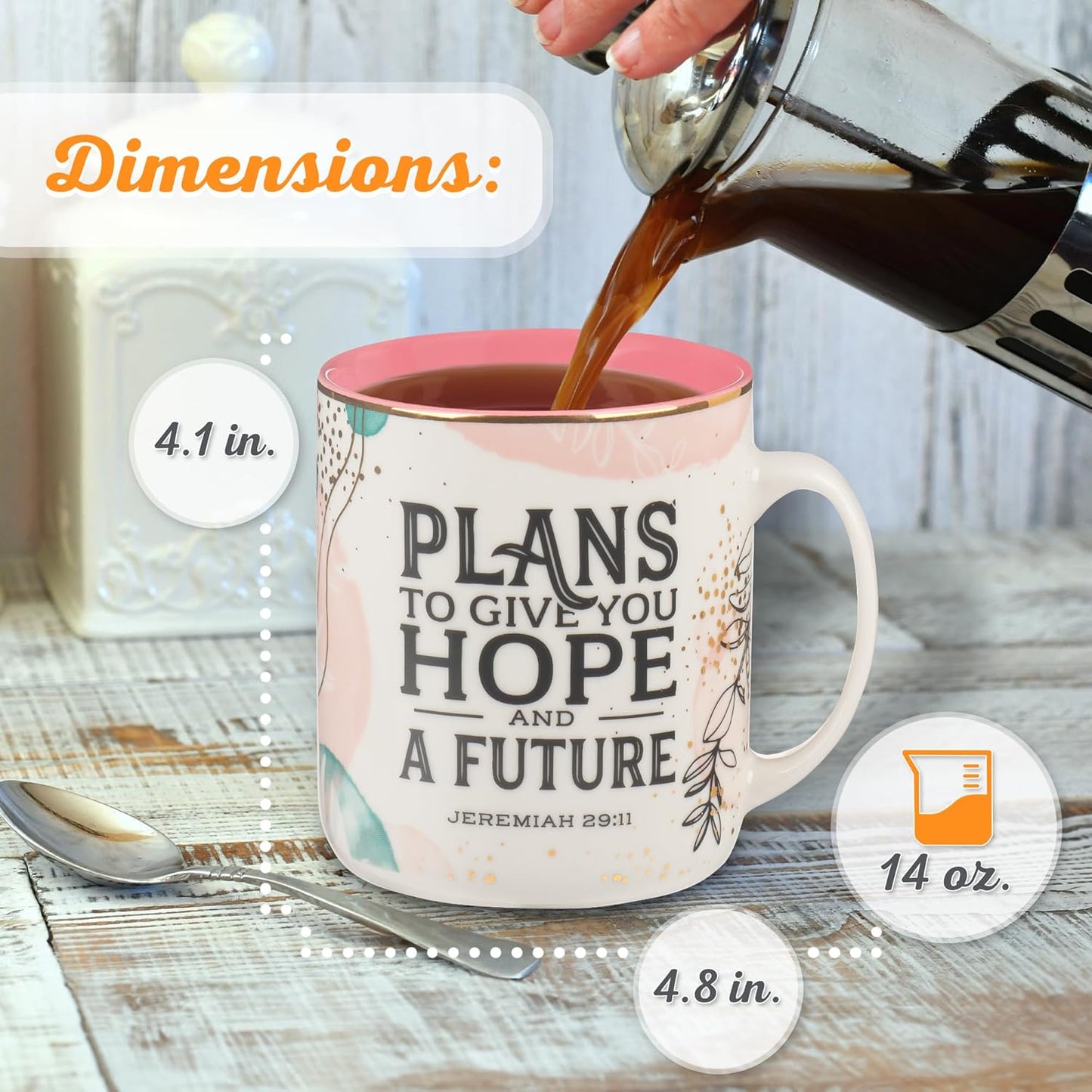 Christian Art Gifts Floral Ceramic Coffee Mug – 14 oz. Lead and Cadmium-free, Non-Toxic Inspirational Scripture Coffee and Tea Mug for Women with Bible Verse: Plans to Give You A Hope –Jeremiah 29:11