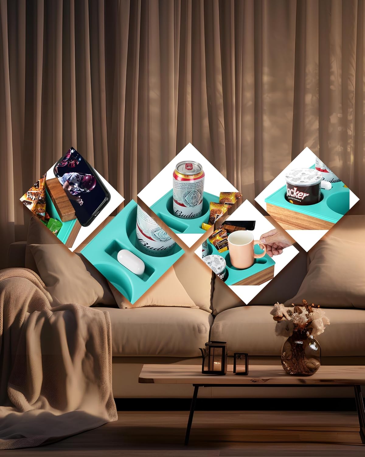 Couch Cup Holder Tray, Handy Soft Silicone Acacia Wooden Couch Caddy for Bed Car Seat Beach Organizer, Waterproof Anti-Spill Sofa Cup Holder for Snacks Beverage Remote (Green)