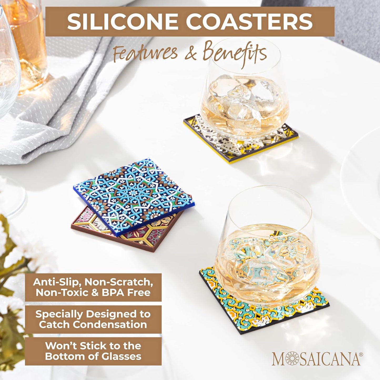 Silicone Coasters Set of 4, Protect Against Water Marks or Damage - Fit All Cups, 3.5" Inch Size, Colored Coasters (Combination)