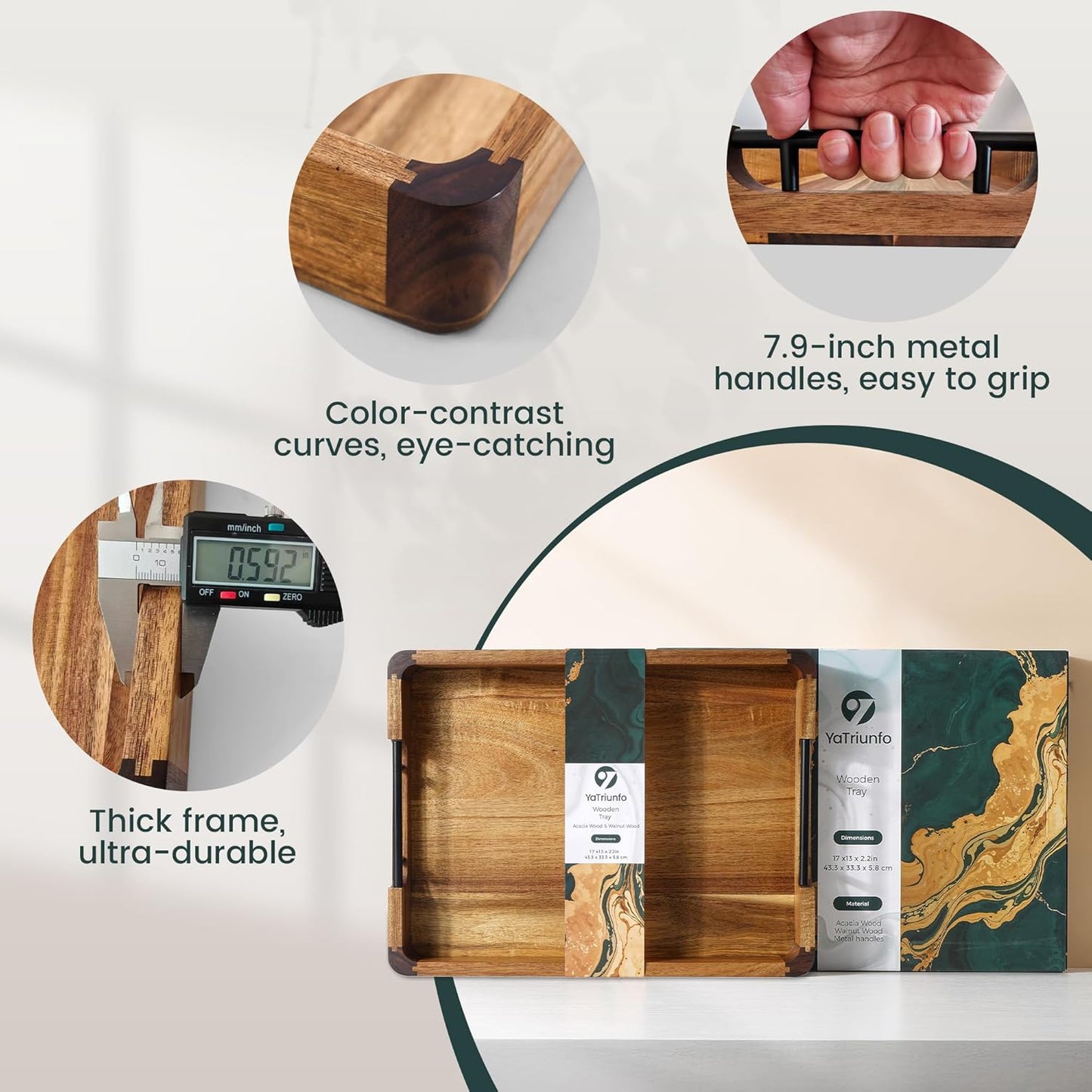 Wood Serving Tray with Handles, 17"x13" Large Decorative Ottoman Tray for Coffee Table, Walnut and Acacia Wooden Serving Trays for Party, Home Decor Rectangular Platters with 3 Silicone Mats