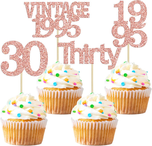 Gyufise 24Pcs Happy 30th Birthday Cupcake Toppers Glitter Thirty 30 Fabulous Vintage 1995 Cupcake Picks for 30th Birthday Wedding Anniversary Party Cake Decorations Supplies Rose Gold