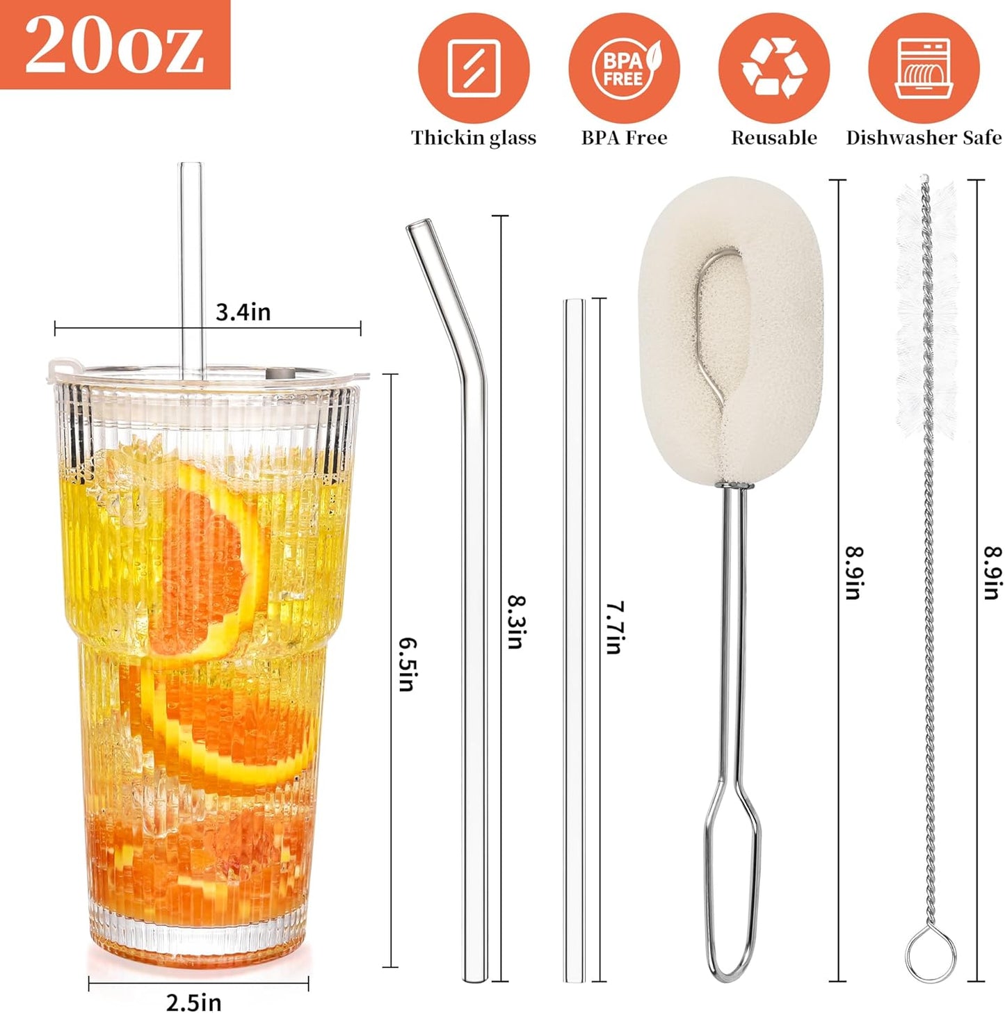 20 oz Tumblers with Lids and Straws, Ribbed Glass Set of 4-Clear Ice Coffee Cups Ideal for Smoothies, Juice, Boba & Cold Beverages, Durable reusable Glassware，Drinking Glasses with 1 Brush