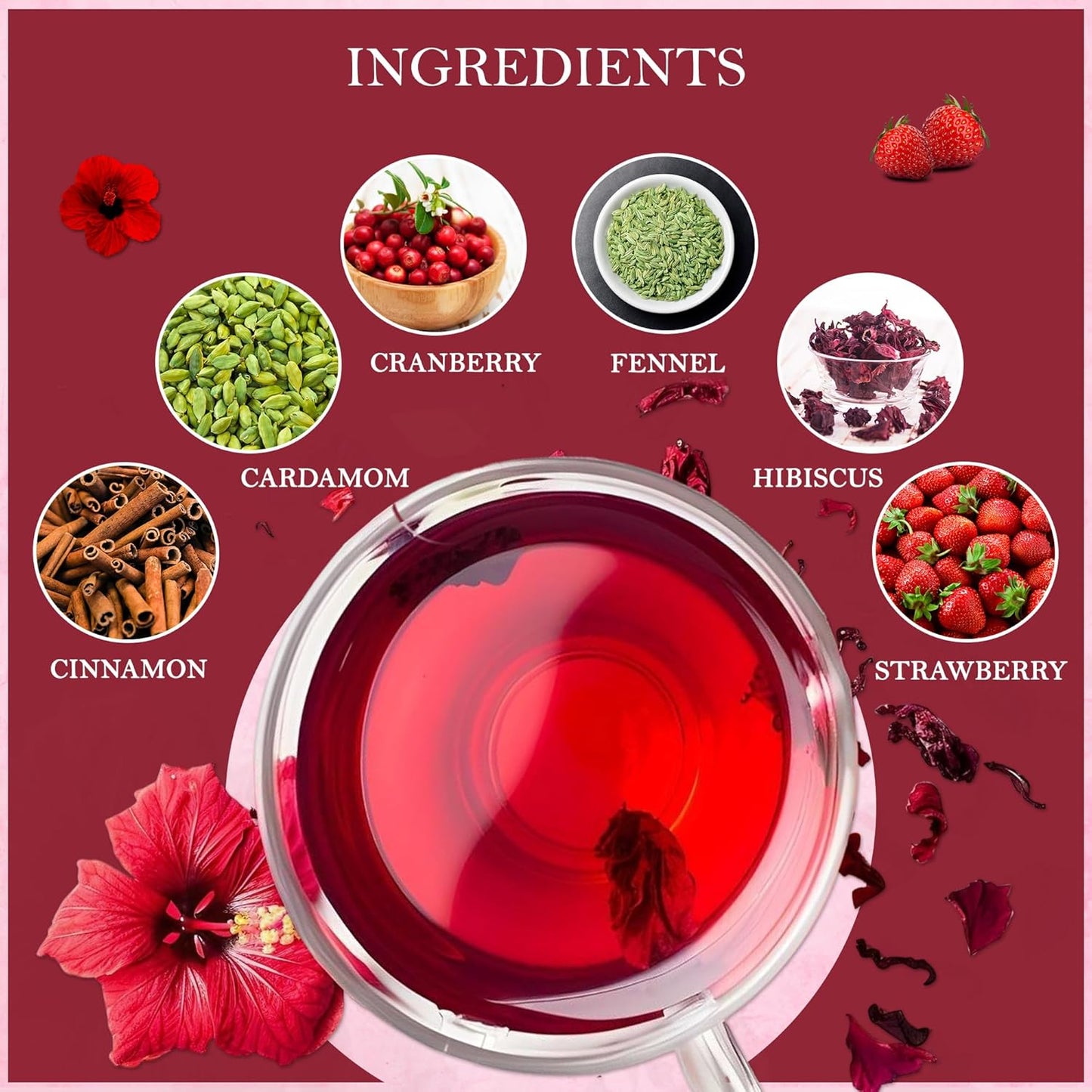 Tealeaf & Co. Strawberry Hibiscus Tea Bags Blended with Fresh Herbs and Spices - Herbal Tea Bags with Organic Spices, Berries & Dried Hibiscus Flower Extract - Low Caffeine - Gluten Free - 50 Teabags