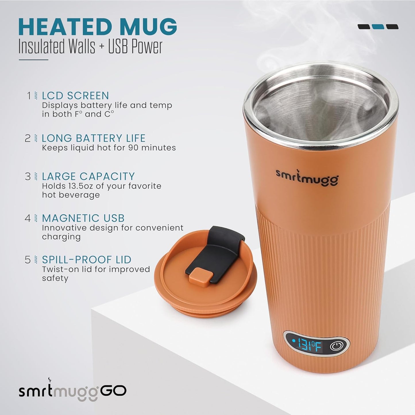 GO Heated Coffee Mug, Travel Mug, 13.5 OZ. Smart Mug, Battery Powered Heated Coffee Mug, Great for Coffee and Tea, Snap on Magnetic Charging Cord, New and Improved (Pumpkin Spice)