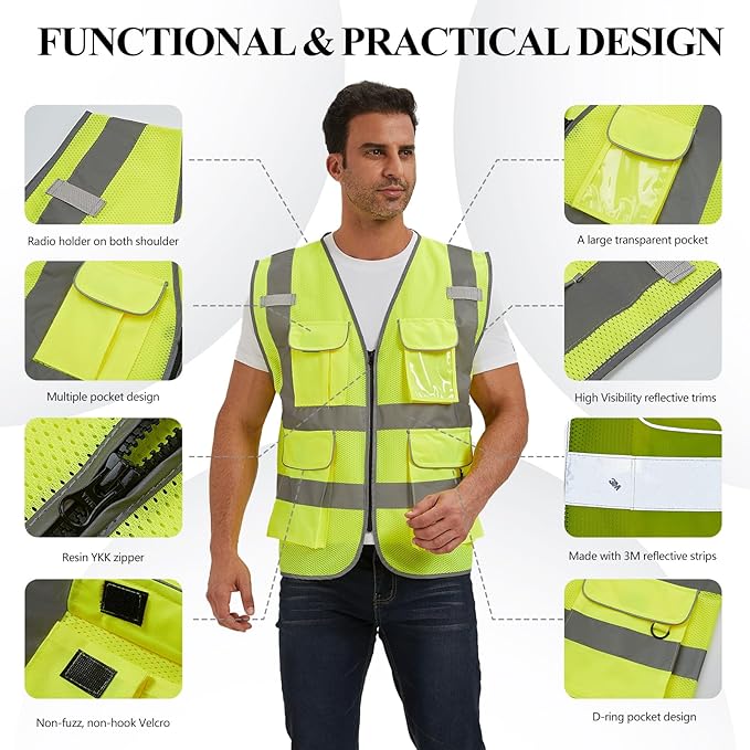 SIFE Reflective Safety Vest High Visibility Vest With 7 Pockets And YKK Zipper, ANSI/ISEA Class 2 Standard, Made With 3M Reflective Tape(03Y-Yellow Mesh,XL)