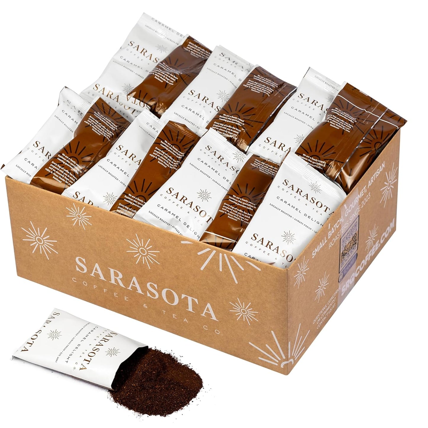 Sarasota Coffee Ground Packets | Gourmet Flavored Medium Roast Bulk Coffee Packs | Salted Caramel | Low Acid Mold Free Singles Individual Pouches for 12 Cup Coffee Maker | 2 Ounce Bags, 36 Count