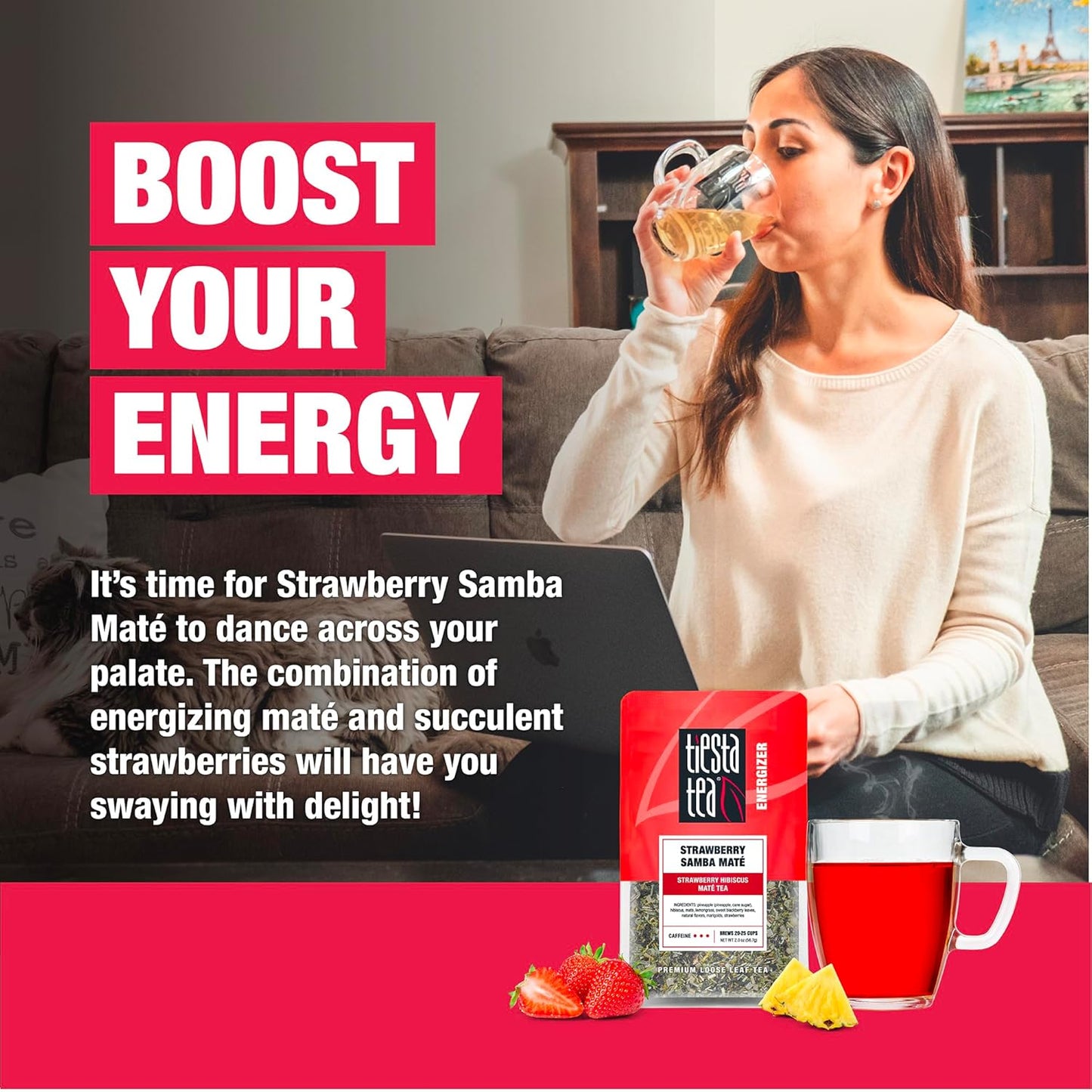 Tiesta Tea - Strawberry Samba Mate, Loose Leaf, Strawberry Hibiscus Mate Tea, High Caffeinated Fruit Blend, Make Hot or Iced Up to 25 Cups, 2 oz Resealable Pouch