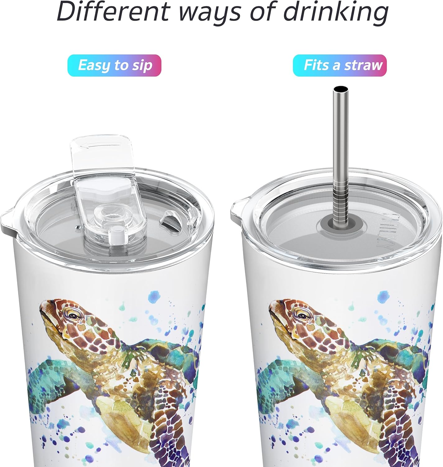 THILY Stainless Steel Vacuum Insulated Tumbler Travel Mug 26 oz Coffee Cup with 2 Lids and Straws, Splash Proof, Keep Ice Drinks Cold, Sea Turtle