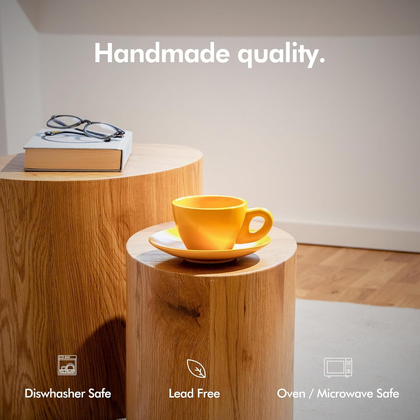 KIVY Cappuccino Cups Set of 4 [Set 4x 8oz] - Thick-Walled Stoneware Cappuccino Cup Set for Latte Art - Latte Art Mugs - Italian Capuccino Cups - Capuccino Ceramic Latte Cup and Saucer - Yellow