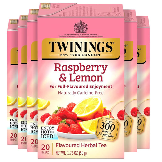 Twinings Raspberry & Lemon Herbal Tea Individually Wrapped Bags, 20 Count (Pack of 6), Fruity & Zesty, Naturally Caffeine-Free, Enjoy Hot or Iced, 120 Teabags