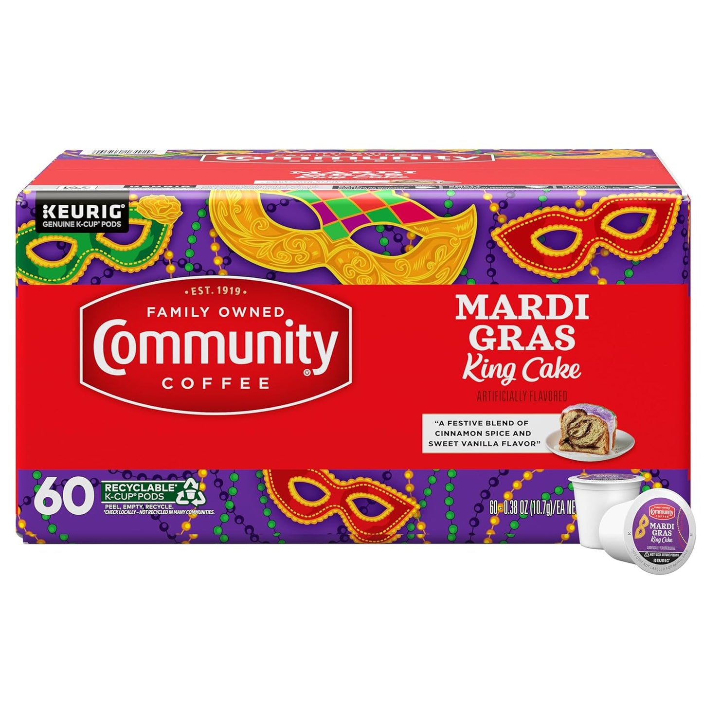 Community Coffee Mardi Gras King Cake Flavored, 60 Single-Serve Keurig K-Cup Pods, Medium Roast, 60 Count (Pack of 1)