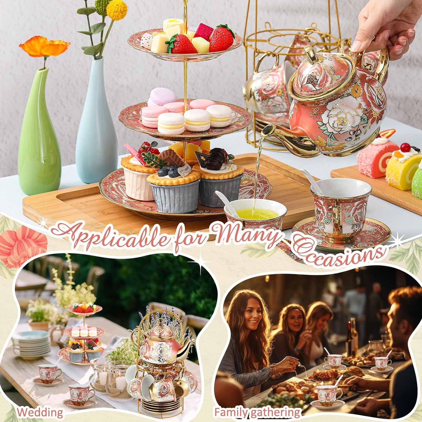 Maxcheck 21 Pcs Tea Party Set for Adults European Floral Tea Set with Metal Holder and 3 Tier Ceramic Cake Stand Porcelain Flower Cup Teapot for Dessert Cupcake(Romantic Style)