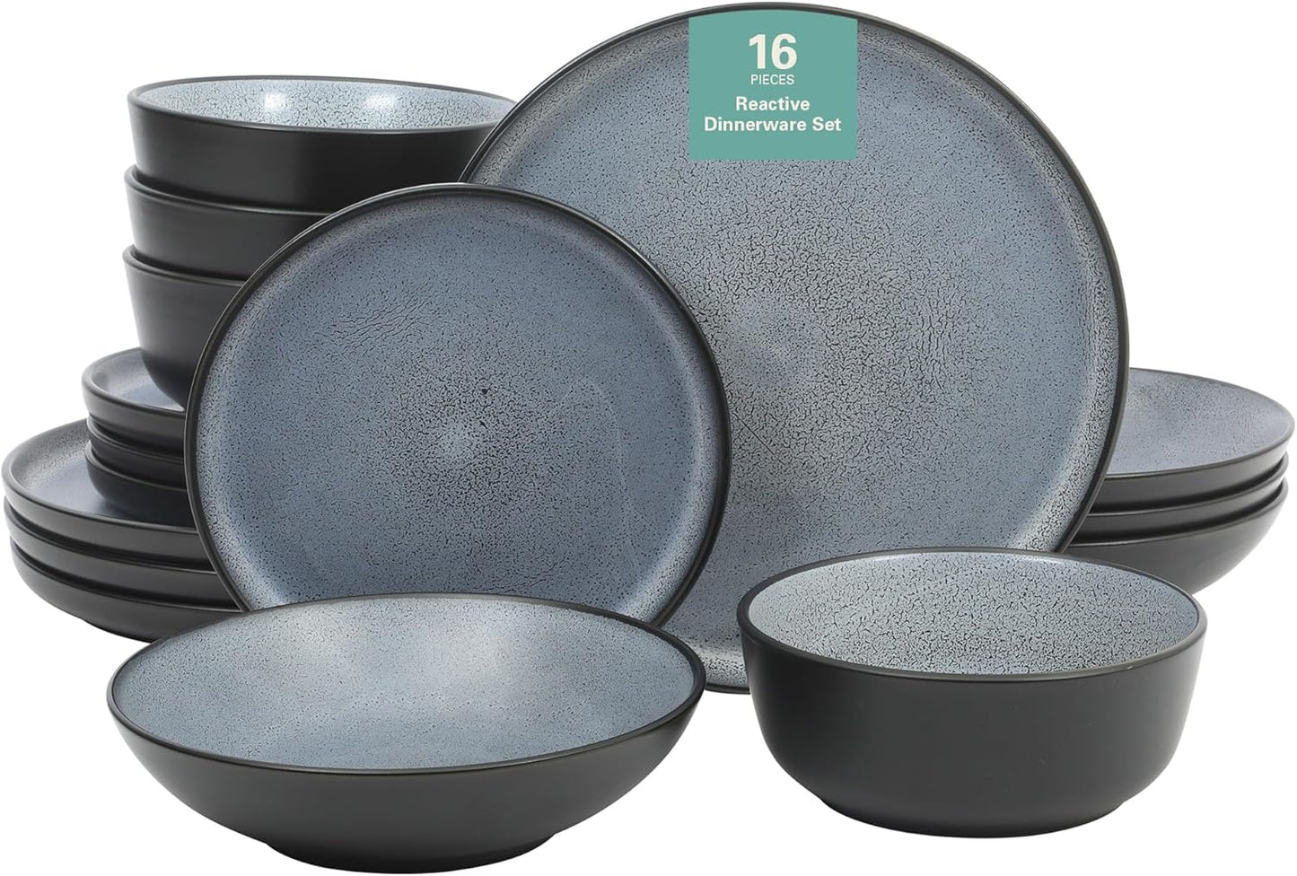 Gibson Elite Tribeca Loft 16-Piece Dinnerware Set – Matte Black and Blue Reactive Glaze Stoneware, Double Bowl Round Plates and Bowls – Modern Rustic Dinnerware for 4, Dishwasher & Microwave Safe