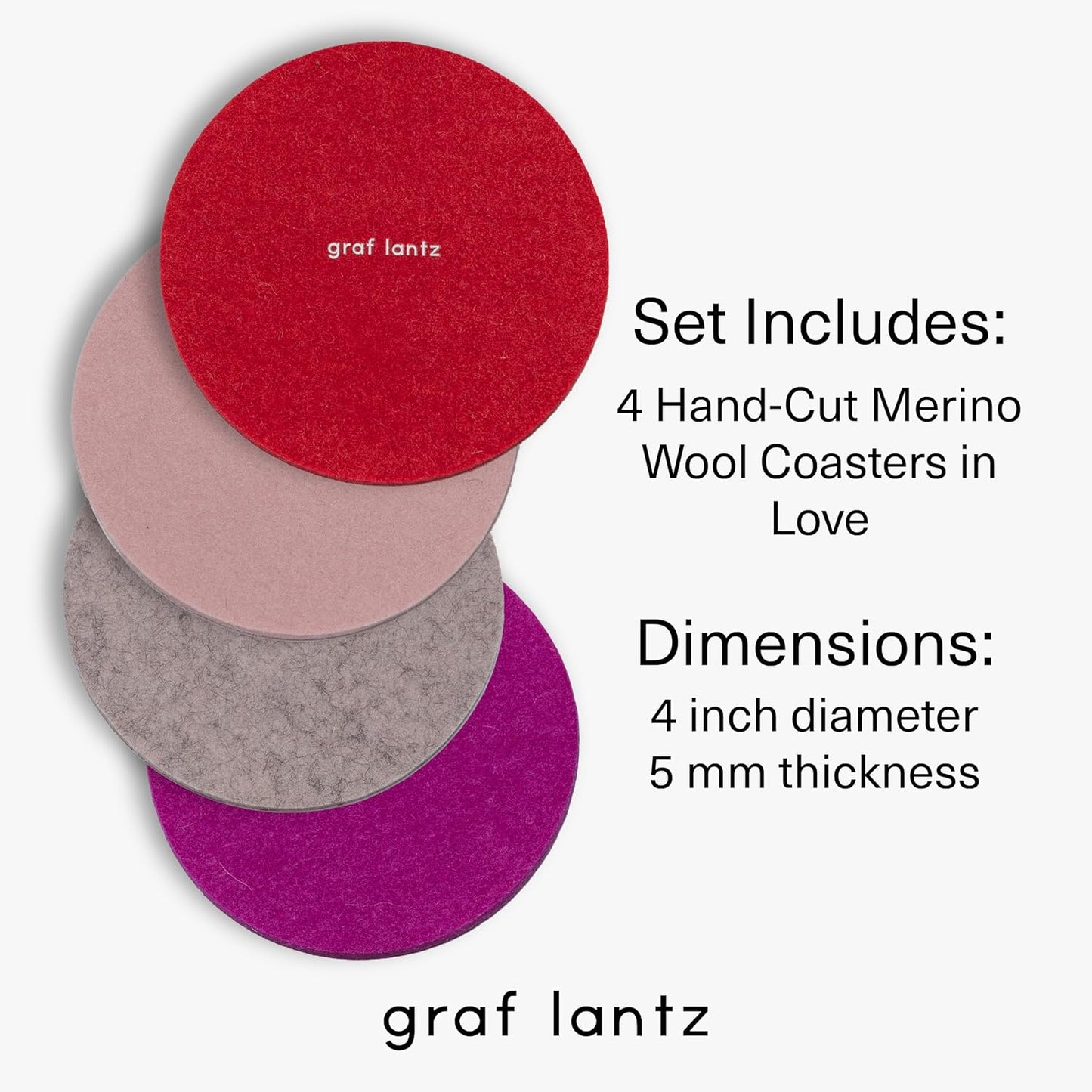 Graf Lantz - Bierfilzl Merino Wool Round Coasters Set of 4 - Love (4" Circles) - Absorbs 30% of Weight - German Wool - Heat Resistant, Sustainable, & Reusable - Home Decor & Coffee Table Decor