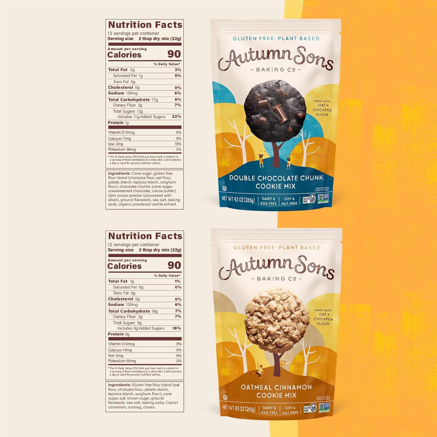 Autumn Sons Baking Co. Gluten Free Double Chocolate Chunk & Oatmeal Cinnamon Cookie Mix Combo Pack. Vegan Plant Based Baking Mix. Free From 11 Common Allergens. 9.3 oz (Pack of 2)