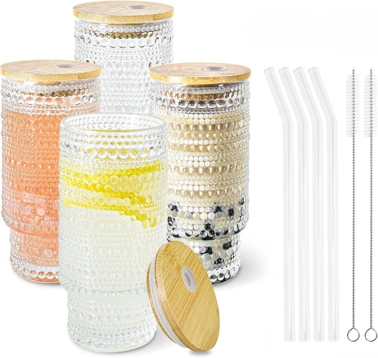 4 Pcs 16 oz Glasses Cups Set with Bamboo Lids Straws Brush Hobnail Glassware Set for Juice Iced Coffee Beer and Cocktail Whiskey