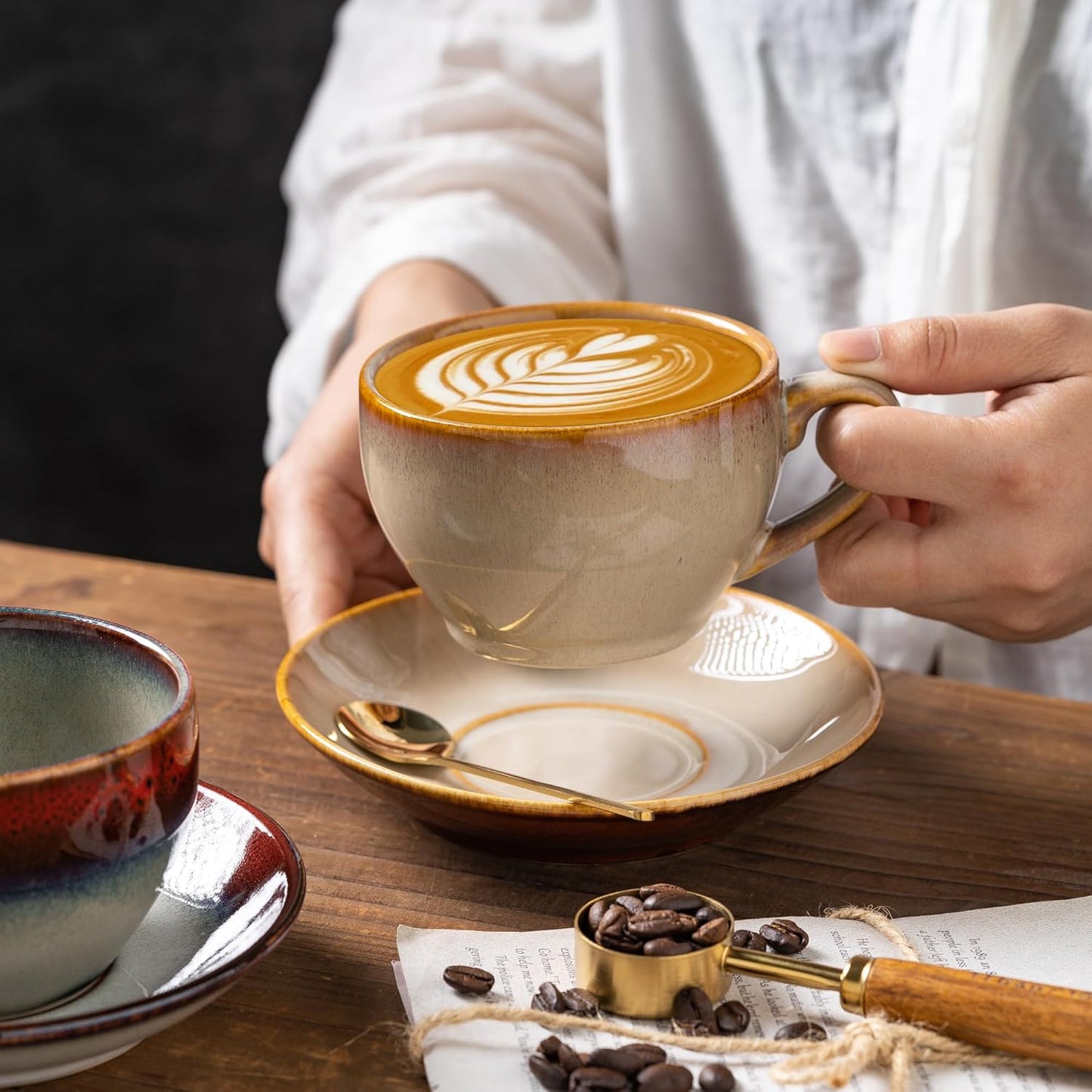 Porcelain Coffee Cup with Saucer Spoon, Vintage Design Ceramic Latte Art Cappuccino Barista Espresso Tea Cup with Saucer (11.6 oz, 350ml, Honey Pomelo Yellow)