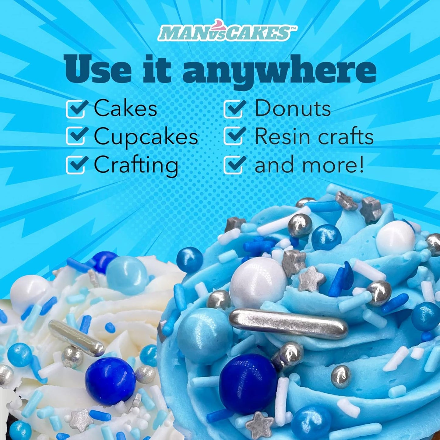 Manvscakes Sprinkles- Edible Cake and Cupcake Sprinkles with Assorted Shapes and Sizes for Parties, Metallic Sprinkle Mix for Cookies, Ice Cream, Cake and Cupcake Decorating, 4 oz, Blue sprinkles