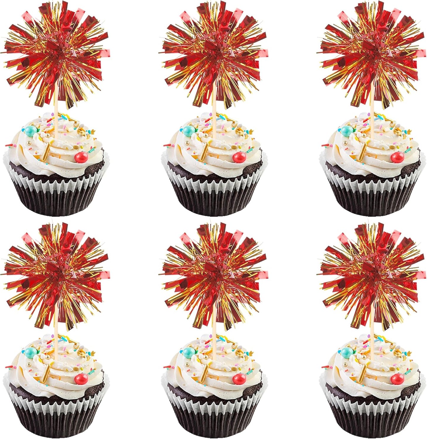30 PCS Foil Firework Cupcake Toppers Sparkle Tinsel Cupcake Picks Happy Birthday Cake Decorations Drink Stirrers Cocktail Food Fruit Toothpicks for Baby Shower Graduation Party Supplies Red Gold