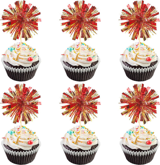 30 PCS Foil Firework Cupcake Toppers Sparkle Tinsel Cupcake Picks Happy Birthday Cake Decorations Drink Stirrers Cocktail Food Fruit Toothpicks for Baby Shower Graduation Party Supplies Red Gold