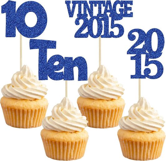 Gyufise 24Pcs 10th Birthday Cupcake Toppers Glitter Ten Vintage 2015 Double Digits 10 Cupcake Picks Birthday Cake Decorations for Happy 10th Birthday Anniversary Party Supplies Deep Blue