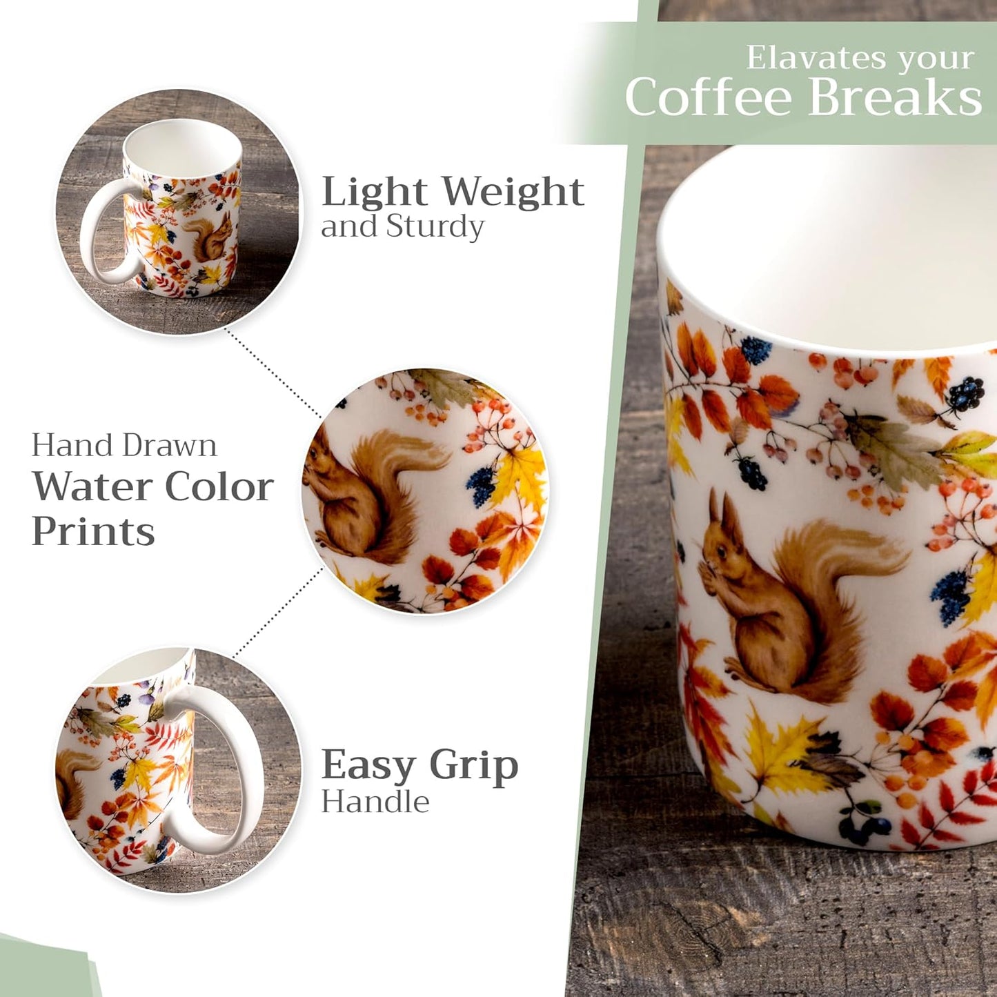 Maison d' Hermine Coffee Mug with Handles Fine Bone China Mugs Pack of One Tea Cups for Hot Beverages Cappuccino Latte Home Restaurant Office Perfect for Gift (Sous-Bois - Foret, 12 Ounce)