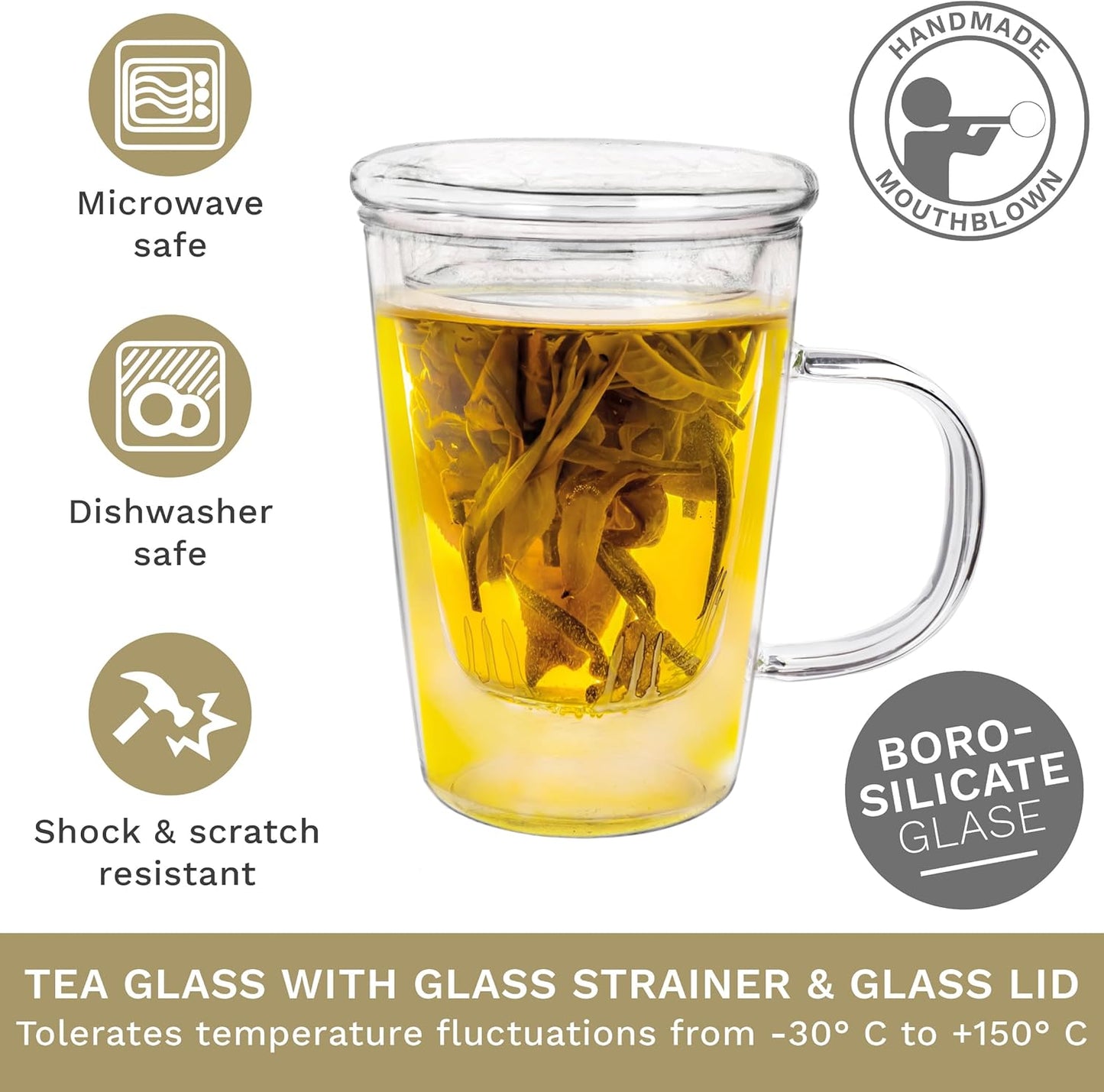 Creano Tea Glass 400 ml – Large Tea Cup with Strainer and Glass Lid – An ideal Tea Maker
