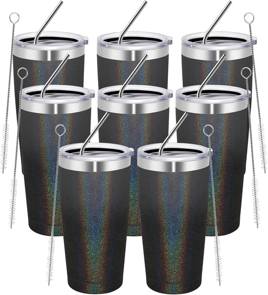 MEWAY 20oz Tumbler 8 Pack Double Wall Vacuum Insulated Travel Glitter Mug Bulk, Stainless Steel Tumblers with Lid and Straw, Powder Coated Coffee Cups for Woman(Gradient Black or Navy,Set of 8)