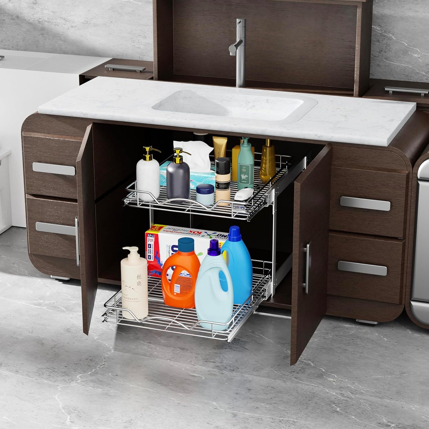 HOLDN’ STORAGE Two Tier Pull Out Cabinet Organizer, Individual Sliding Drawers - Heavy Duty Metal with Lifetime Limited Warranty - Anti Rust Chrome Finish - 12" W x 21”D x 16.5" H