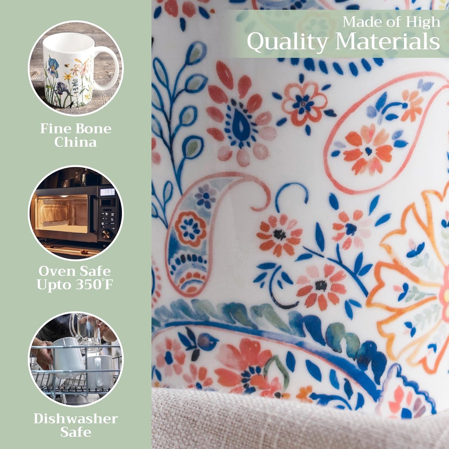 Maison d' Hermine Coffee Mug with Handles Fine Bone China Mugs Pack of One Tea Cups for Hot Beverages Cappuccino Latte Home Restaurant Office Perfect for Gift (Indian Floral - Paisley, 12 Ounce)