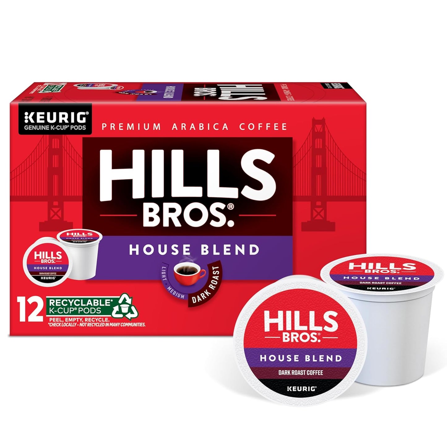 Hills Bros. House Blend Keurig K-Cup Pods for Keurig Brewers – Dark Roast Premium Arabica Blend, Kosher – 1 Pack of 12 Single Serve Pods