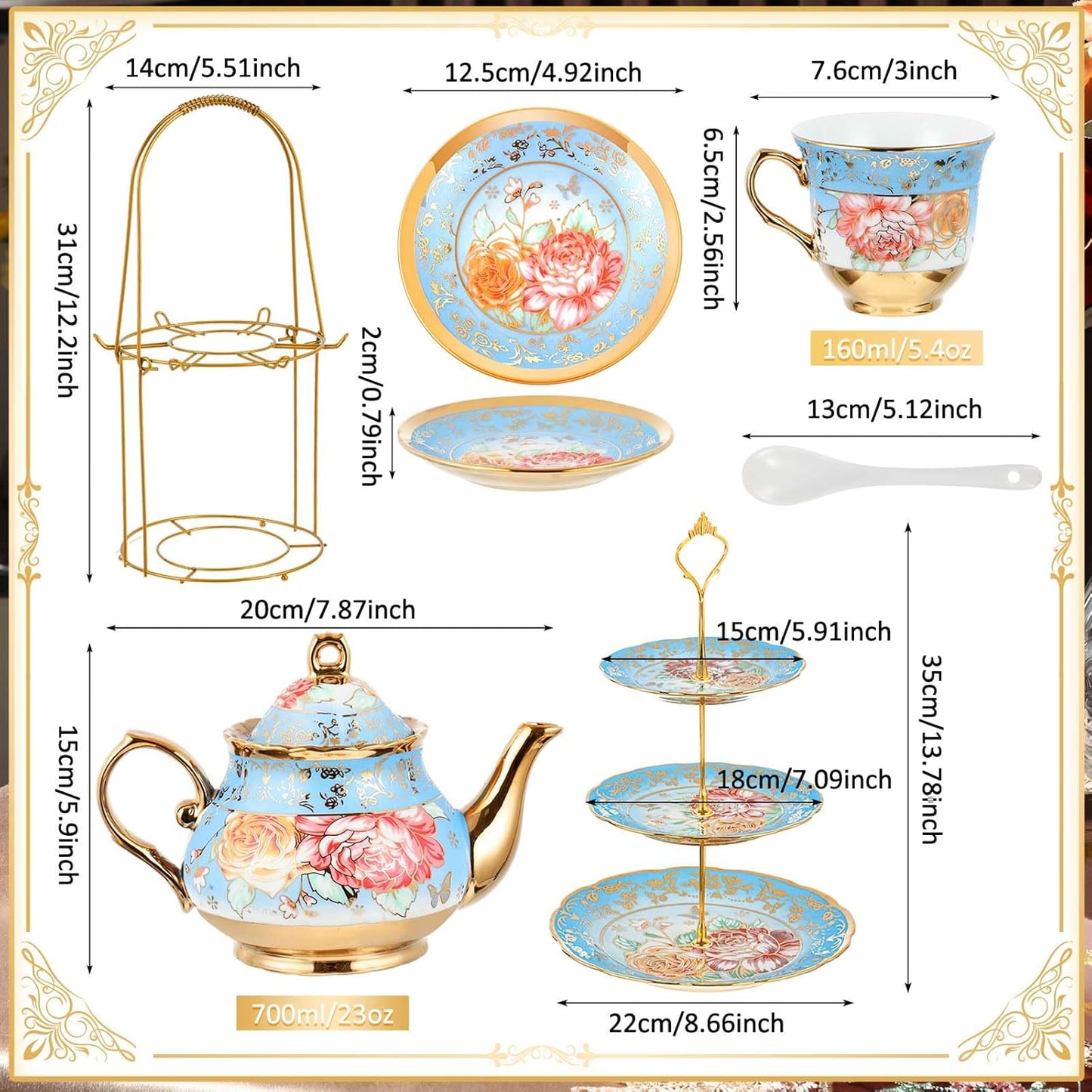 Maxcheck 21 Pcs Tea Party Set for Adults European Floral Tea Set with Metal Holder and 3 Tier Ceramic Cake Stand Porcelain Flower Cup Teapot for Dessert Cupcake(Advanced Style)