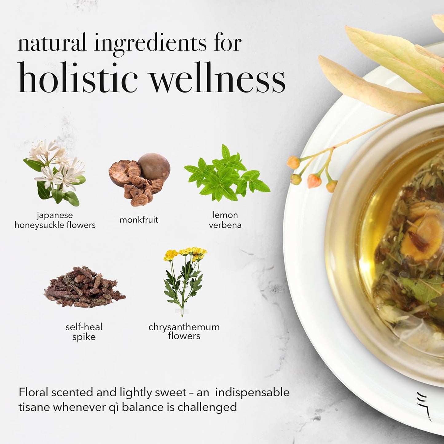 qìsane Honeysuckle Tea with Chinese Medicinal Plants - Dried Honeysuckle Flowers, Self Heal Spike, Lemon Verbena & Monkfruit to Help Support Detox & Ease Discomfort - 10 sachets (~30 cups)