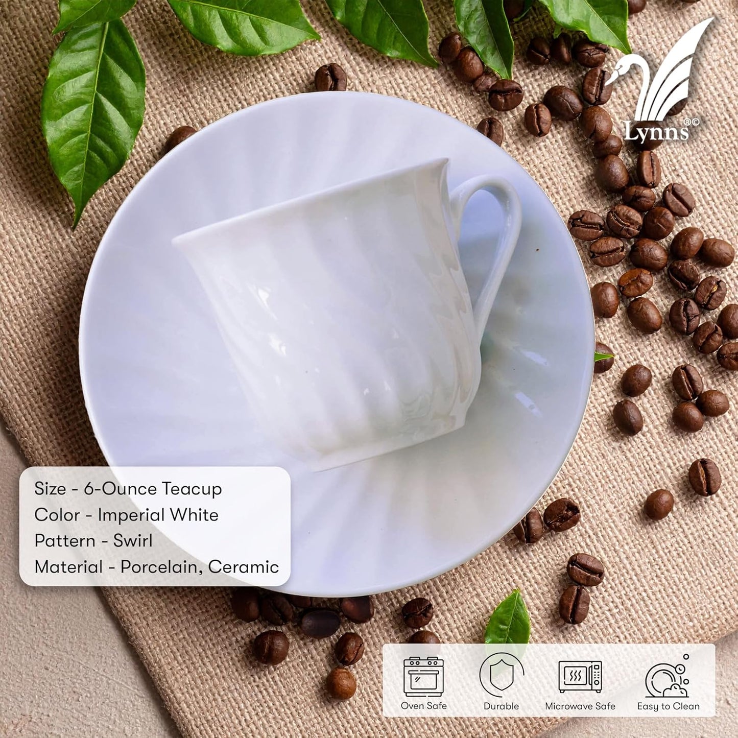 Lynns Paradise Imperial White 7oz Tea Cup Set – Embossed Porcelain Finish, Elegant for Daily Use, Vintage-Inspired Design – White Teacup and Coffee Cup Set, Porcelain Tea Cups, Service for 6