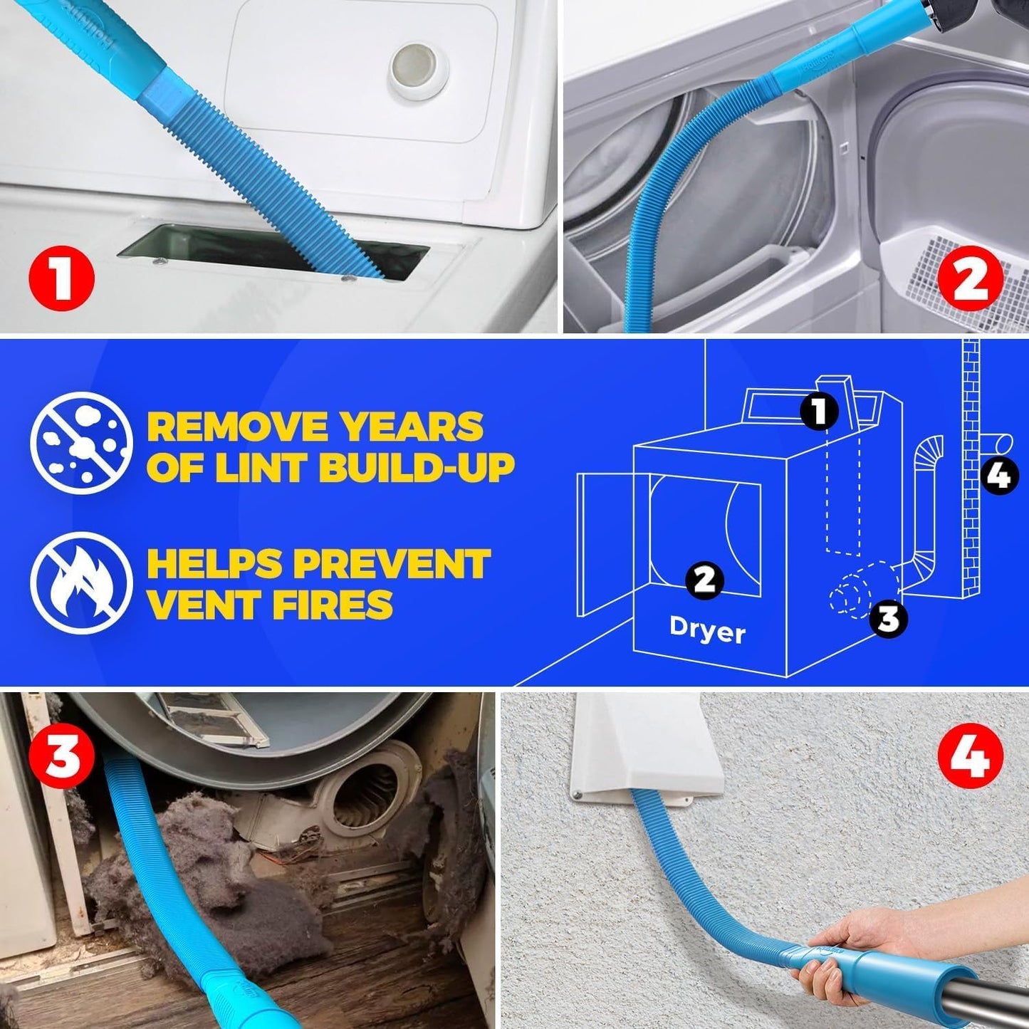 Holikme Dryer Vent Cleaner Kit, Include 30Feet Dryer Vent Cleaning Brush, Dryer Lint Vacuum Attachment, Lint Brush & Dryer Adapters, Blue