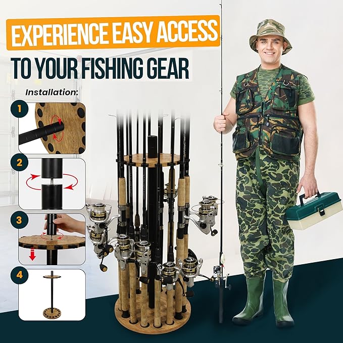 Rush Creek Creations | Round Fishing Rod Holder for 16 Freshwater Fishing Poles, Fishing Gear, and Fishing Accessories | Fishing Rod Rack with 16 Fishing Rod Clips for Garage Organization