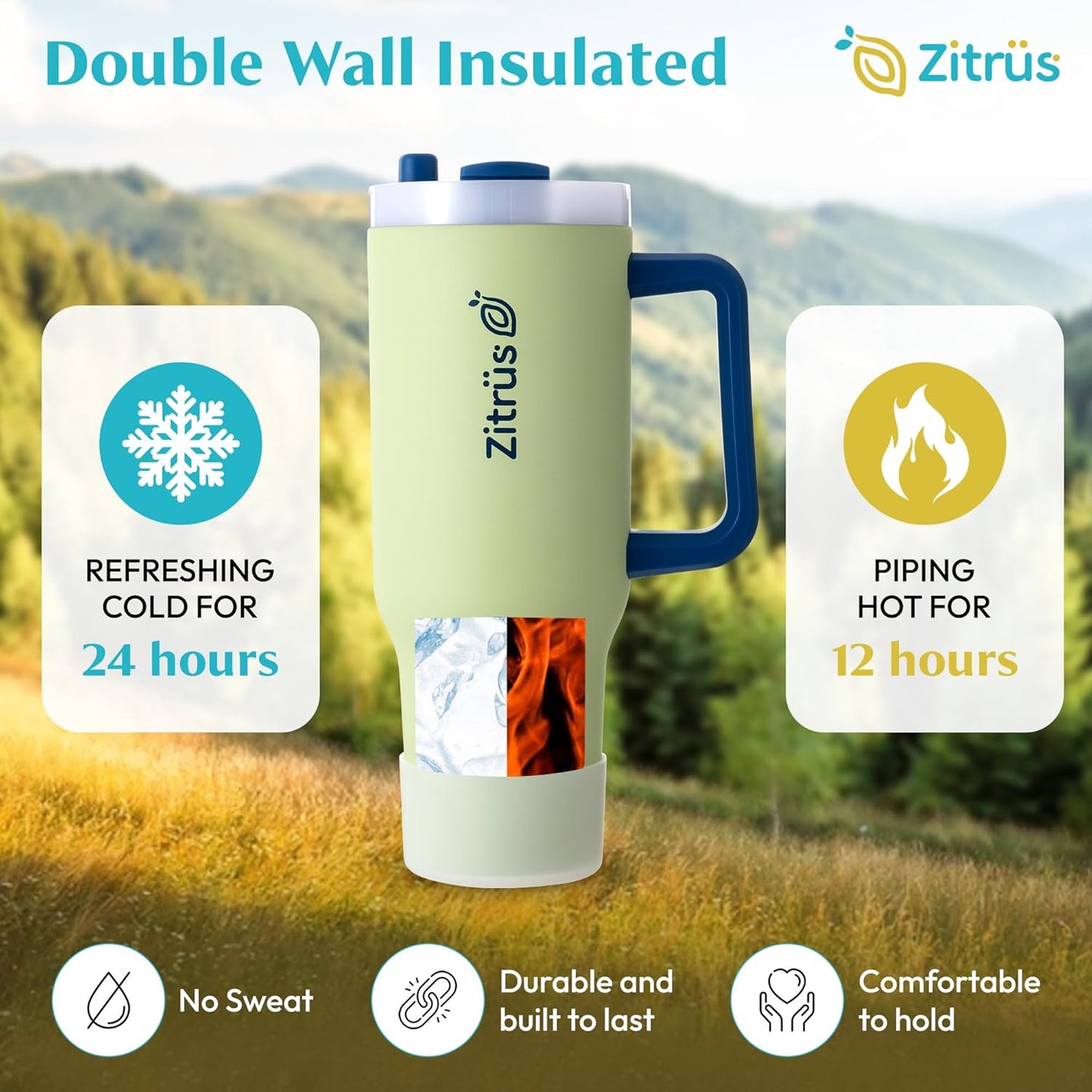 40 oz Tumbler with Handle and Straw | Leak Proof Insulated Stainless Steel Water Bottle Travel Mug Fits in Cup Holder | Keeps Cold Hot | Gifts for Women Men Him Her (Pastel Green, 40 oz)