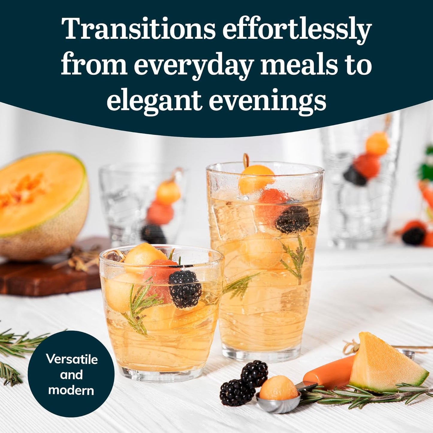 Libbey Orbita Tumbler and Rock Glass Set, Durable, Chip-Resistant Glass Cups Set with Wave Pattern, Glasses Drinking Set of 16 for Any Occasion