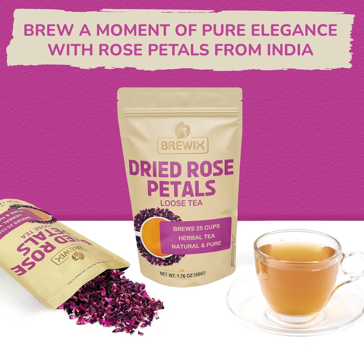 BREWIX, Pure Dried Rose Petals Loose Tea (25+ Cups,1.76oz/50g) Edible Flowers for Cocktails,Garnishing & Drinks, Tea,Baking,Desserts,Bread,Cake,Bath,DIY Skincare Edible Rose Petals in Resealable Bag