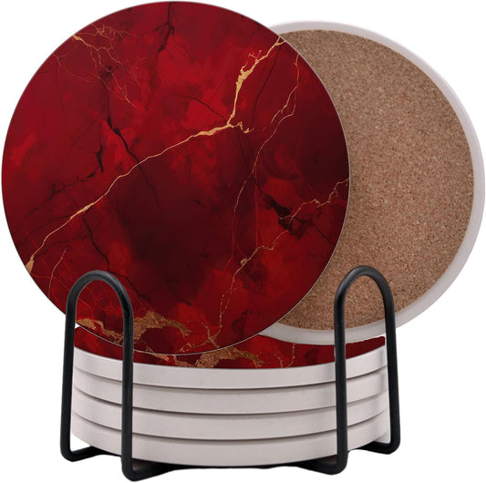 Dark Red Agate Marble Round Coasters Set of 6 - Abosrbent Ceramic Coasters with Metal Stand for Drinks, Coffee, Non-Slip Cork Back for Tabletop Protection, 4 Inches Marbled Pattern (Dark Marble)