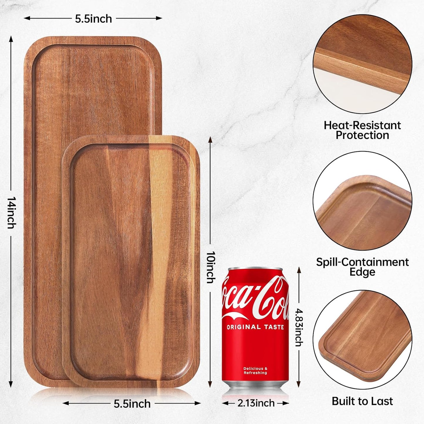 Solid Acacia Wood Serving Trays and Platters - Wooden Mini Charcuterie Boards, Rectangle Small Cheese Board for Food, Bathroom, Home Decor, Kitchen Counter, (14"x5.5", 6 Pack)