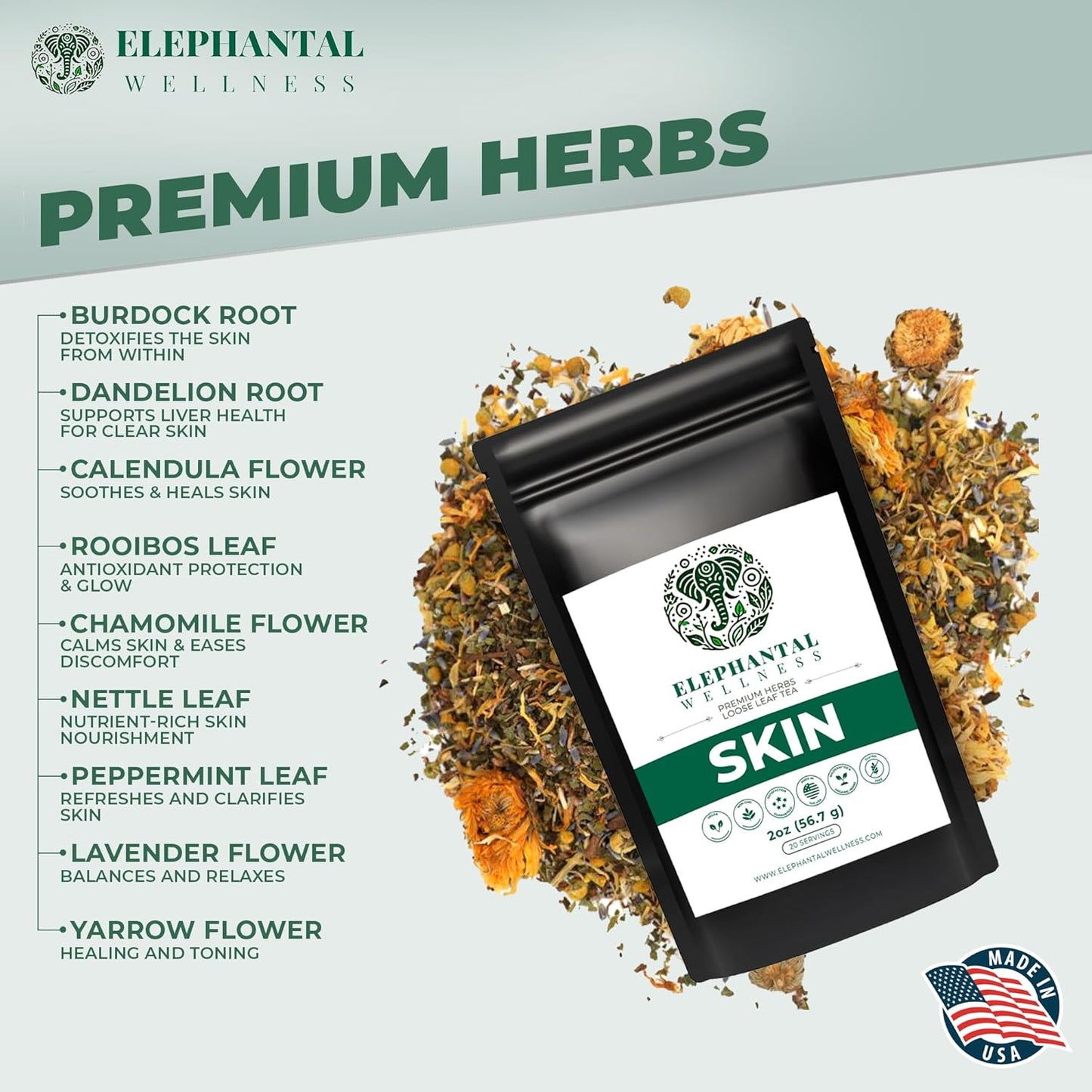 Elephantal Wellness Premium Skin Herbal Tea | Radiance & Clarity Support with Burdock, Dandelion, Calendula & Lavender | Non-GMO, Caffeine-Free, Handmade Loose Leaf Blend, 2oz Loose Leaf, 20 Servings