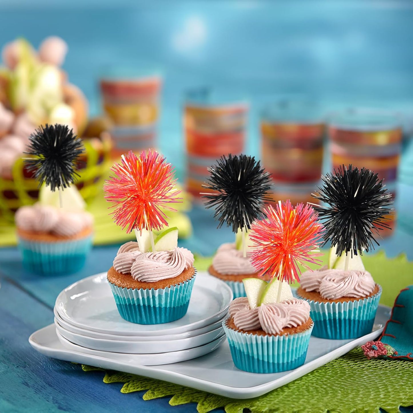 Gyufise 30Pcs Foil Firework Cupcake Toppers Sparkle Tinsel Cake Toppers Tinsel Drink Cake Decoration Cocktail Picks for Birthday Wedding Graduation Party Supplies Black Orange