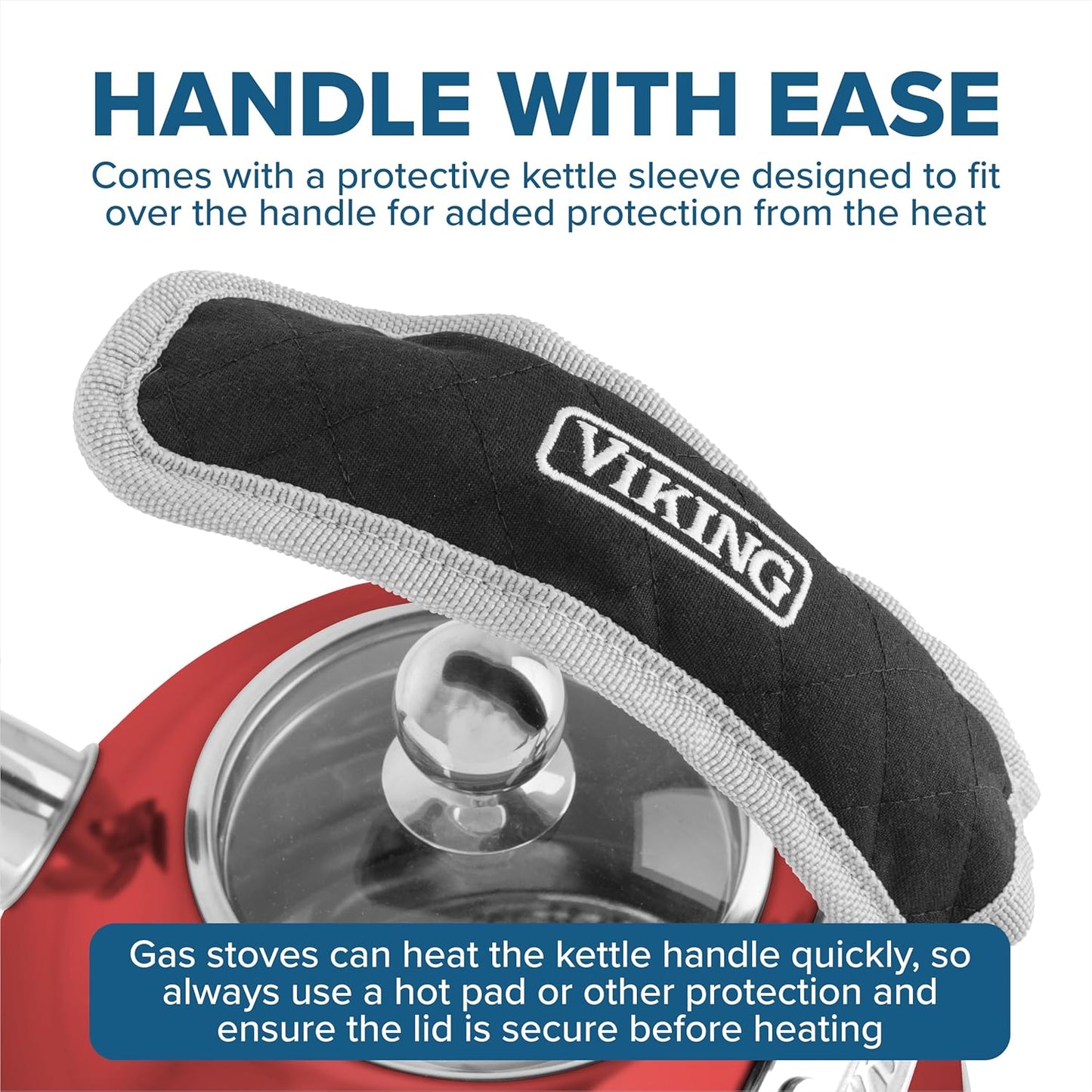 Viking 3-Ply Stainless Steel Tea Kettle, 2.6 Quart Stovetop Hot Water Pot with Tempered Glass Lid, Ergonomic Handle, Induction Ready, Red