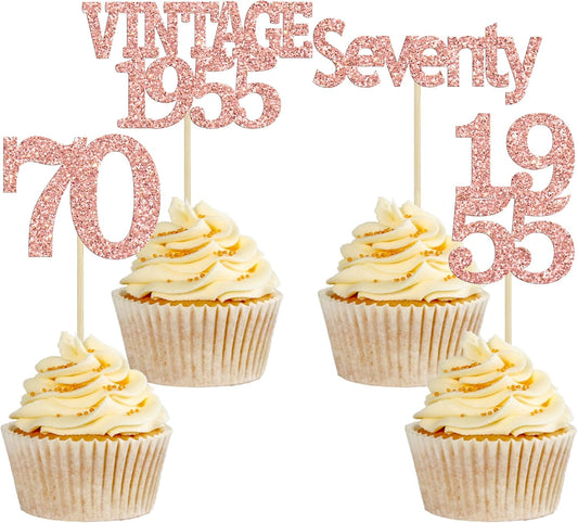 Gyufise 24Pcs 70th Birthday Cupcake Toppers Glitter Cheers to 70 Fabulous Seventy Vintage 1955 Cupcake Picks 70th Birthday Wedding Anniversary Party Cake Decorations Supplies Rose Gold