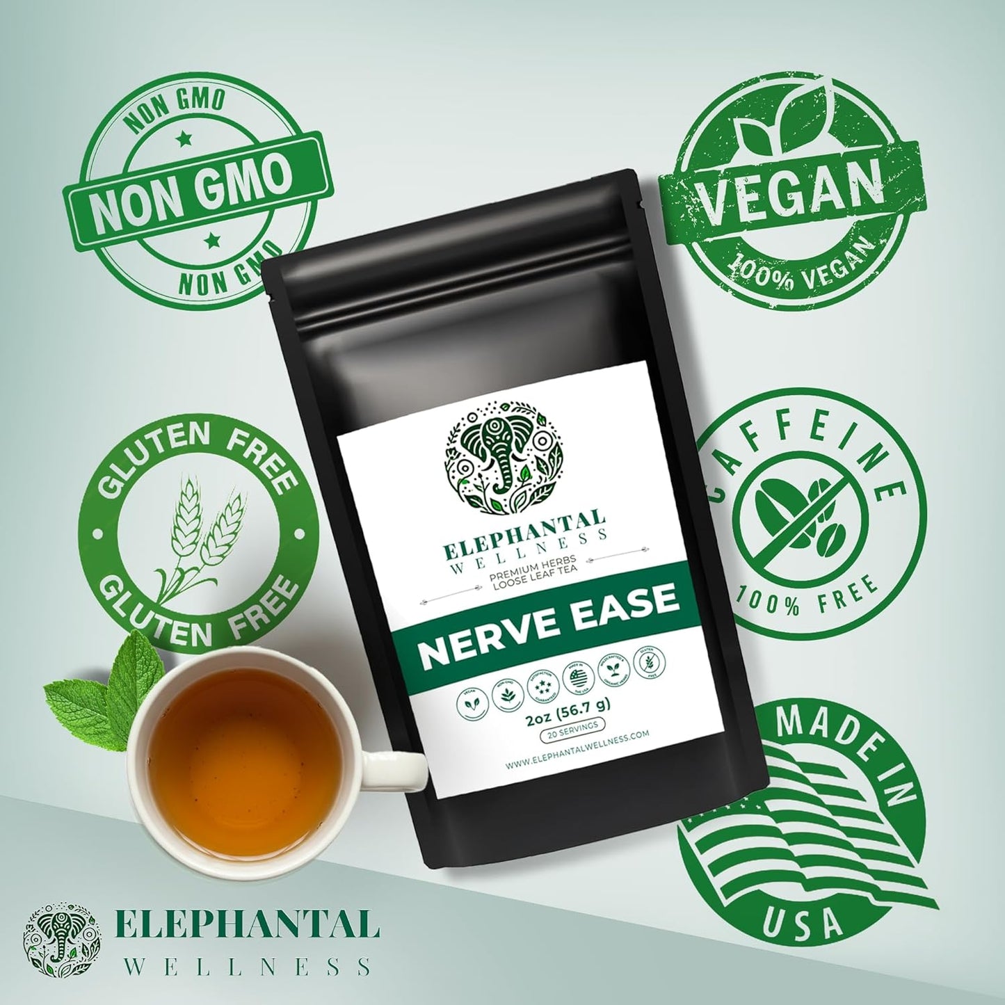 Elephantal Wellness Nerve Ease Herbal Tea | Calming Nervous System Support with Chamomile Tea, Passionflower, Lemon Balm Tea, Valerian & St. John’s Wort | Loose Leaf, Caffeine-Free, 2oz, 20 Servings