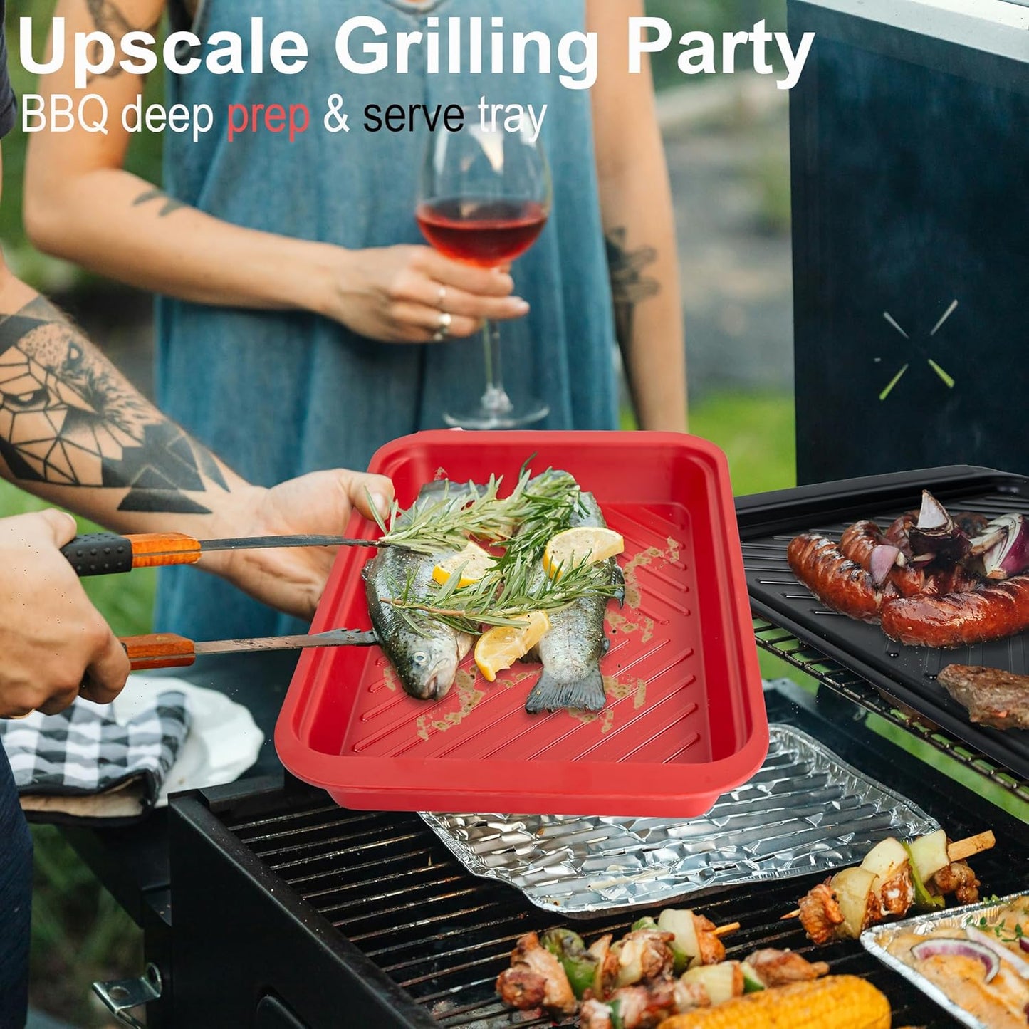 Grilling Prep and Serving Tray with Lid, BBQ Deep Tray for Marinating Raw and Cooked Food, Melamine Serving Trays for Food, Black and Red