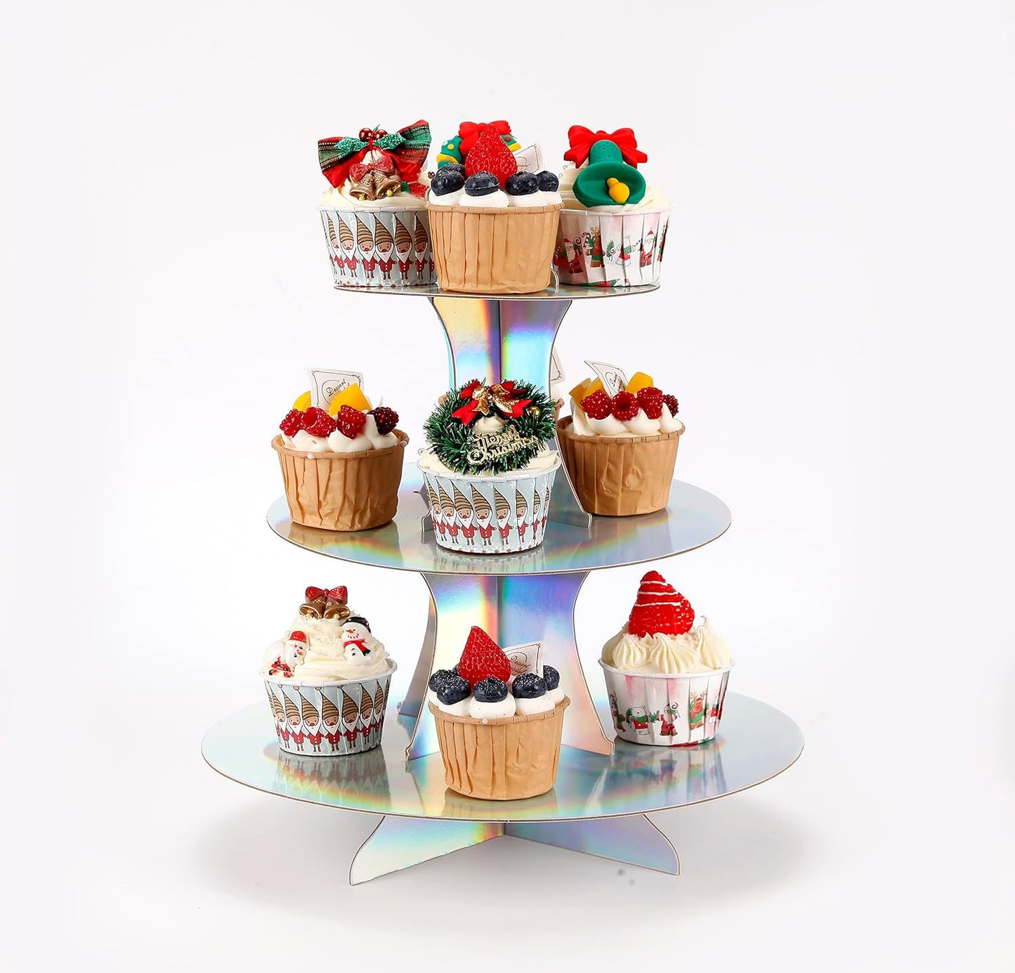3-Tier Cupcake Stand, Round Rainbow Cake Stand holder, Tiered DIY Cupcake Stand Tower for Dessert Table Displays, Birthday Theme Party Favors Decoration, Floral Tea Party, 12" W x 12.8" H, Laser