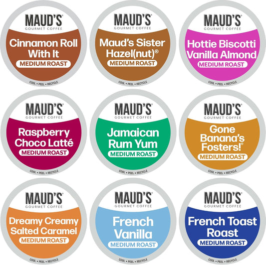Maud's Flavored Coffee Pods Variety Pack, 40 ct, 9 Assorted Flavors, Medium Roast Flavored Coffee in Recyclable Single Serve Pods – 100% Arabica Beans, Compatible with Keurig K Cups Maker